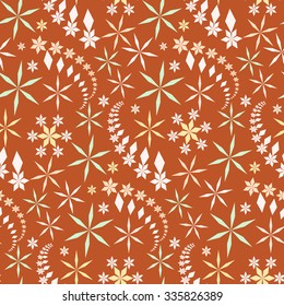 Seamless christmas pattern. Snowflakes, crystals on orange, gold background. Colored star silhouettes. Winter theme texture. Vector illustration.