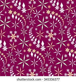 Seamless christmas pattern. Snowflakes, crystals on dark magenta background. Multicolor light star silhouettes. Winter, holiday, sale, ice cream, sweets wrapper texture. Vector Seamless christmas pattern. Snowflakes, crystals on dark magenta background. Multicolor light star silhouettes. Winter, holiday, sale, ice cream, sweets wrapper texture. Vector