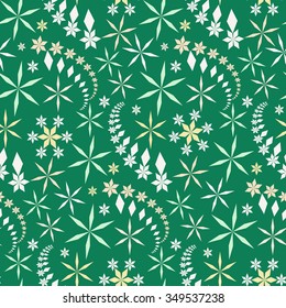 Seamless christmas pattern. Snowflakes, crystals on green background. Gray star silhouettes. Winter, holiday sale, ice cream sweets wrapper texture. Vector