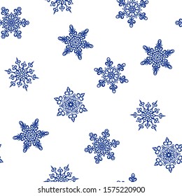 Seamless christmas pattern with snowflakes. Different shaped blue large snowflakes on a white background. Winter background for graphic design of packaging or banners. Vector stock illustration