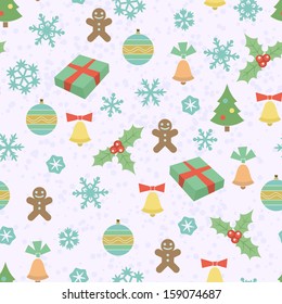 Seamless Christmas pattern with snowflakes, gingerbread men, Christmas trees, bells and another elements. Vector illustration