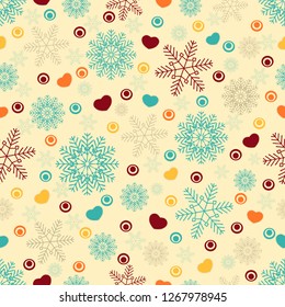 Seamless christmas pattern with snowflakes and hearts.
