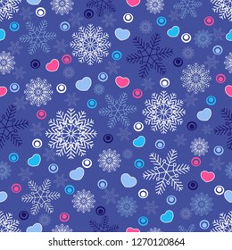 Seamless christmas pattern with snowflakes and hearts.
