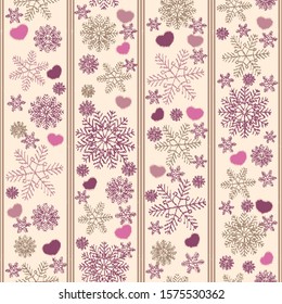 Seamless christmas pattern with snowflakes and hearts.
