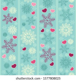 Seamless christmas pattern with snowflakes and hearts.
