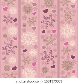Seamless christmas pattern with snowflakes and hearts.

