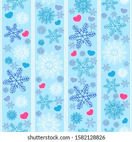 Seamless christmas pattern with snowflakes and hearts.
