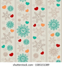 Seamless christmas pattern with snowflakes and hearts.
