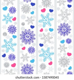 Seamless christmas pattern with snowflakes and hearts.
