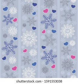 Seamless christmas pattern with snowflakes and hearts.
