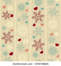 Seamless christmas pattern with snowflakes and hearts.
