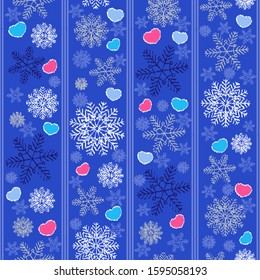 Seamless christmas pattern with snowflakes and hearts.
