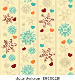 Seamless christmas pattern with snowflakes and hearts.
