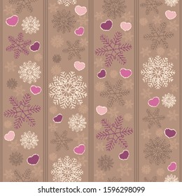 Seamless christmas pattern with snowflakes and hearts.
