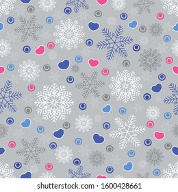 Seamless christmas pattern with snowflakes and hearts.
