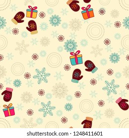 Seamless Christmas pattern with a pattern of snowflakes, mittens and gift boxes.
