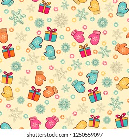 Seamless Christmas pattern with a pattern of snowflakes, mittens and gift boxes.
