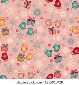 Seamless Christmas pattern with a pattern of snowflakes, mittens and gift boxes.
