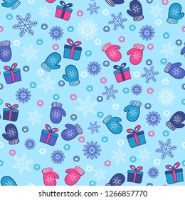 Seamless Christmas pattern with a pattern of snowflakes, mittens and gift boxes.
