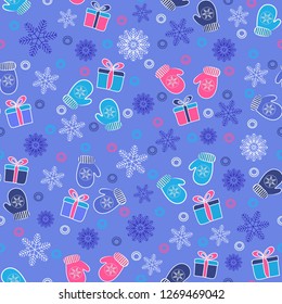 Seamless Christmas pattern with a pattern of snowflakes, mittens and gift boxes.

