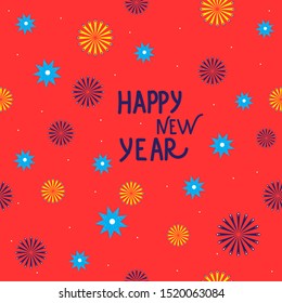 Seamless Christmas pattern of snowflakes on a red background, hand-drawn. Text ,, Happy New Year. "Vector illustration