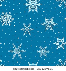 Seamless Christmas pattern with snowflakes on blue background. New year vector illustration with falling snowflakes for wrapping, wallpaper, cover, textile.