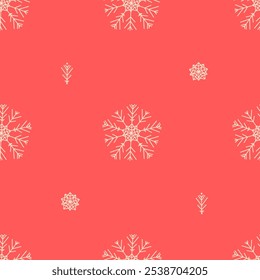 Seamless Christmas pattern with snowflakes on a red background. Festive winter background. Cute winter vacation background. Vector flat design for textiles, fabrics, covers, wrapping paper, wallpaper,