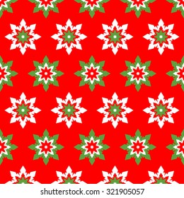 Seamless Christmas pattern of snowflakes on red background. New year holidays gift paper print. Vector illustration.