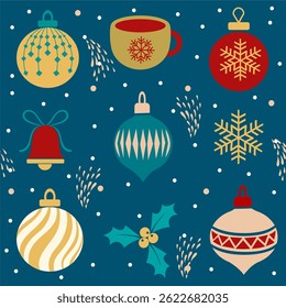 Seamless Christmas pattern with snowflakes, reindeer, holly, and ornaments in traditional red, green, and white.	