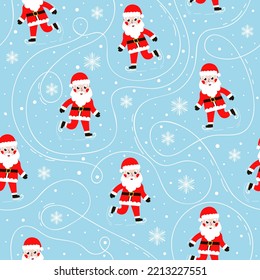 Seamless christmas pattern with snowflakes and santa ice skating on blue background for wrapping paper or textile print, winter wallpaper for kids