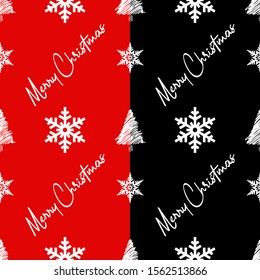 Seamless Christmas pattern with snowflakes and spruce trees. Vector illustration.