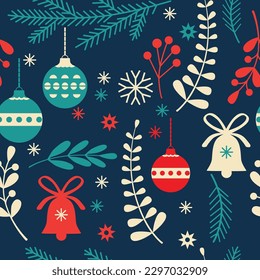 Seamless Christmas pattern with snowflakes, spruse, bell, decorations, leaves on blue background. Vector illustration. 