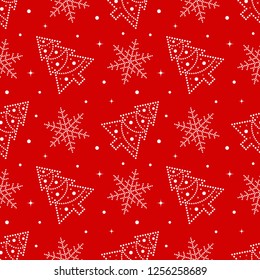 Seamless Christmas pattern of snowflakes and Christmas trees decorated with garlands and beads on traditional red background. Winter celebrations print for gift paper.Vector Illustration.