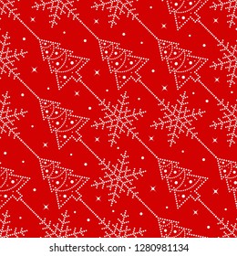 Seamless Christmas pattern of snowflakes and Christmas trees decorated with garlands and beads on traditional red background. Winter celebrations print for gift paper. Vector Illustration.