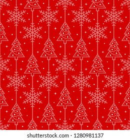 Seamless Christmas pattern of snowflakes and Christmas trees decorated with garlands and beads on traditional red background. Winter celebrations print for gift paper. Vector Illustration.