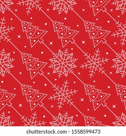 Seamless Christmas pattern of snowflakes and Christmas trees decorated with garlands and beads on red background. Winter celebrations print for gift paper. Vector Illustration.