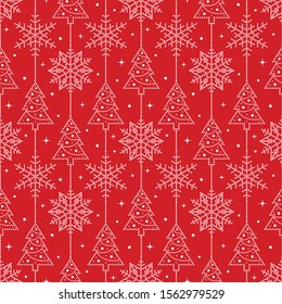 Seamless Christmas pattern of snowflakes and Christmas trees decorated with garlands and beads on red background. Winter celebrations print for gift paper. Vector Illustration.