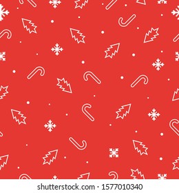 Seamless christmas pattern with snowflakes, christmas trees and candys. Merry Christmas and happy new year concept background. Vector texture illustration.