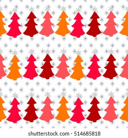 Seamless Christmas pattern with snowflakes and trees. Vector holiday background.