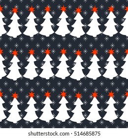 Seamless Christmas pattern with snowflakes and trees. Vector holiday background.