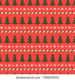 seamless christmas pattern with snowflakes and Christmas trees on a red background