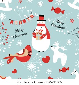 Seamless Christmas pattern with snowman, deer, toys