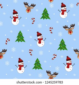 Seamless Christmas pattern with a snowman and deers, candies and snowflakes on a blue background