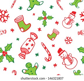 Seamless Christmas Pattern with Snowman, Holy and Candy