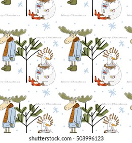 Seamless Christmas pattern with snowman and moose. A funny picture of creative handmade.