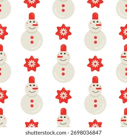 Padrão de Natal perfeito com um boneco de neve e um ornamento de Natal. Estilo plano minimalista. Ilustração de vetor festivo em um fundo branco.
