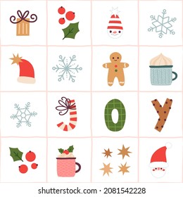 Seamless Christmas pattern with snowman, Santa, gift box, joy, candy cane, cup with frothy hot drink, snowflakes. Checked background with cute decorations.