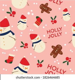 Seamless Christmas pattern with snowman, snowflake, sock, ginger bread and holly jolly text. Pink background.