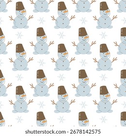Seamless Christmas Pattern with Snowman and Snowflakes, Cute Winter Holiday Illustration