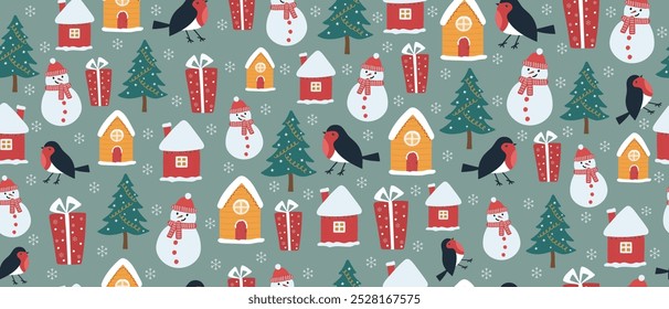 Seamless Christmas pattern with snowman, tit, and snow-covered houses. Decorative Christmas elements for wallpaper, gift wrapping paper, postcard templates.